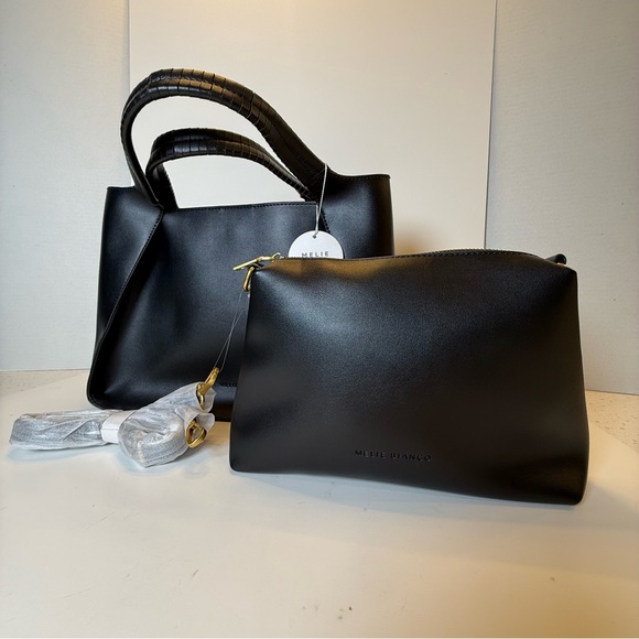 Melie Bianco Megan Minimalist Vegan Leather Tote Set NWT Black - Picture 6 of 16